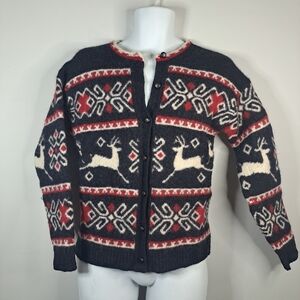 Lands' End Wool Sweater Shetland Cardigan Festive Raindeer M, Made In Scotland